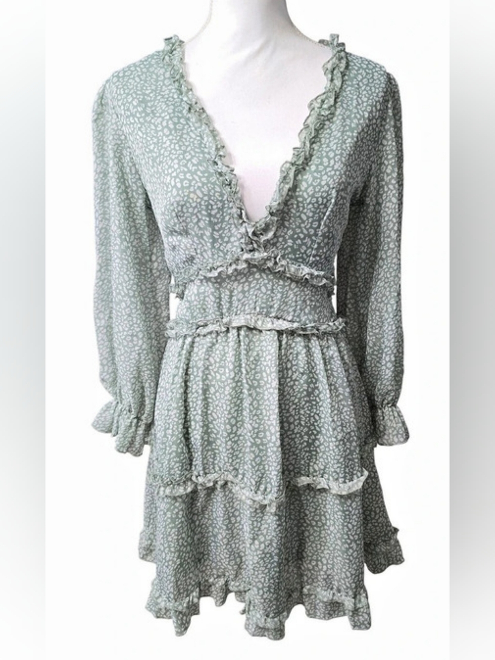 Floral Ruffle Mini Dress in  Sage Green Size Small
